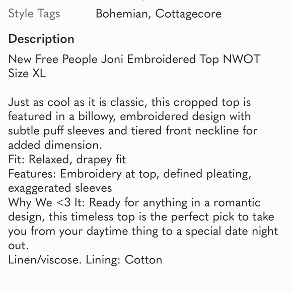 FREE PEOPLE JONI EMBROIDERED TOP NWOT sz XL - Picture 7 of 7